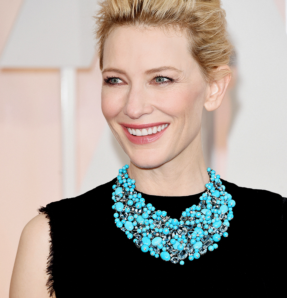 Cate Blanchett in a turquoise, aquamarine and diamond necklace from the 2015 Tiffany Blue Book collection. - Lat_L_0_308112732